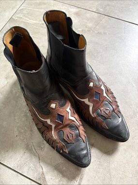TOGA Pulla Black Leather Western Ankle Boots with Brown and White Inlays sz 38